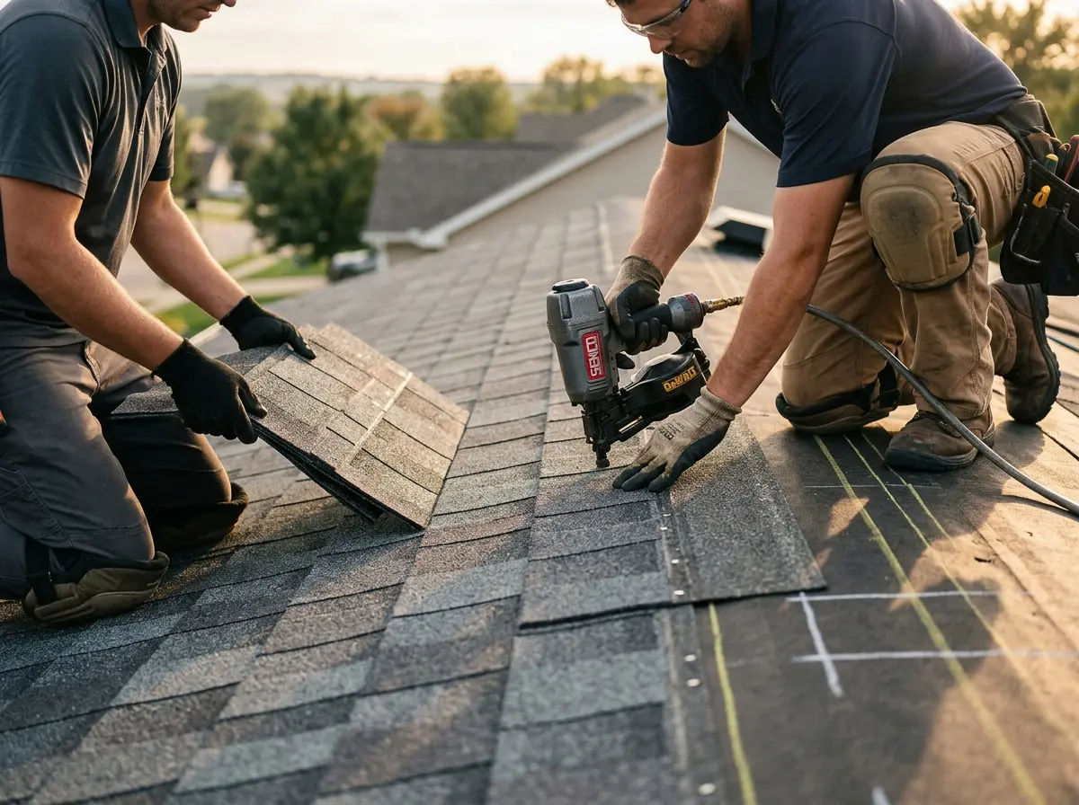 Professional roofer working on a residential roof in Baldwinsville